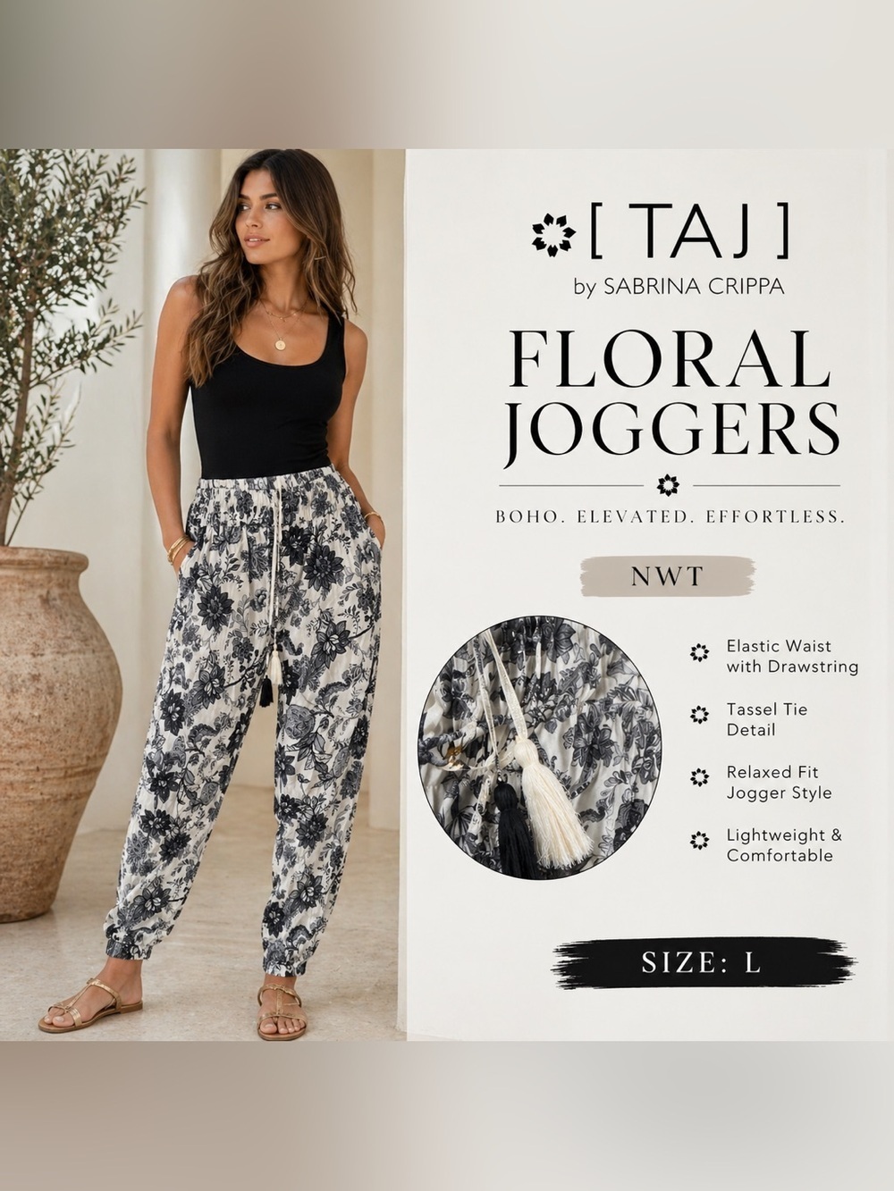 NWT TAJ by Sabrina Crippa Black & White Floral Jogger Pants Tassel Tie Waist ~L